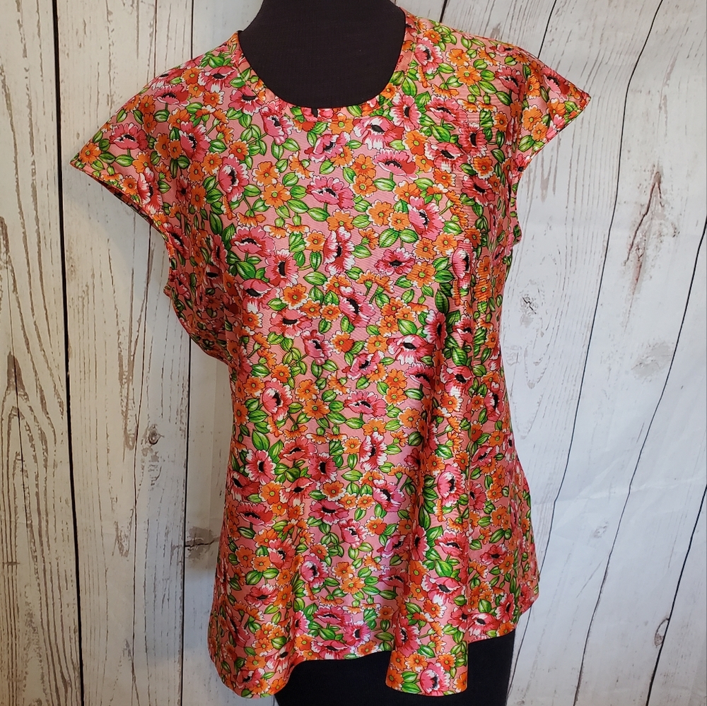 Handmade polyester sleeveless floral blouse pink, green size Large
